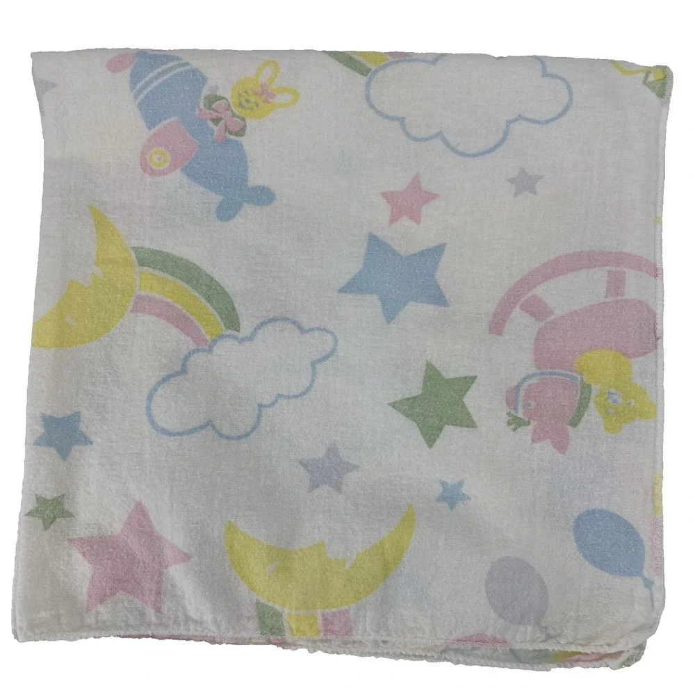 Vtg Beacon Rainbow Baby Blanket White Stars Balloon Bunny Plane Pastel Receiving